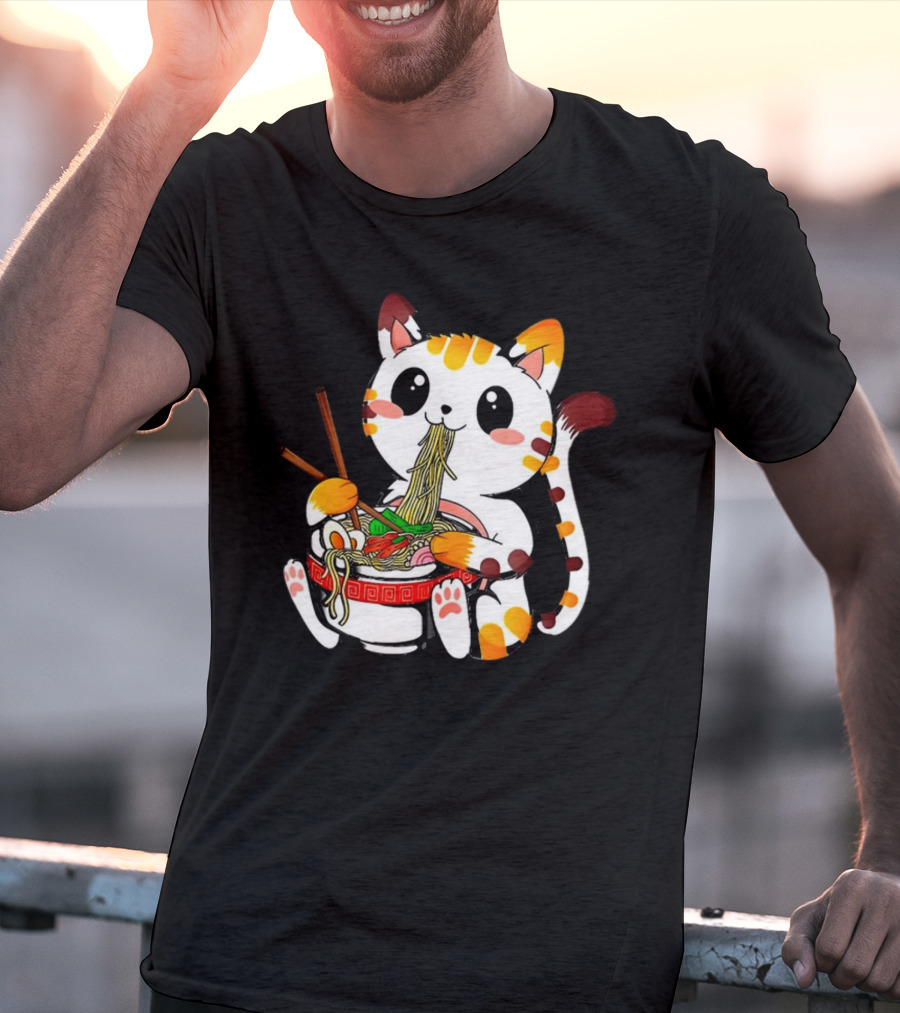 Furia Hiswattson Cat Enjoying Ramen Bowl With Chopsticks T-Shirt