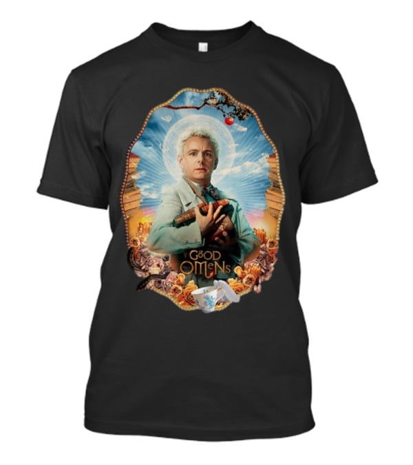 Good Omens Aziraphale Holding Books And Broken Tea Cup With Halo And Clouds T-Shirt