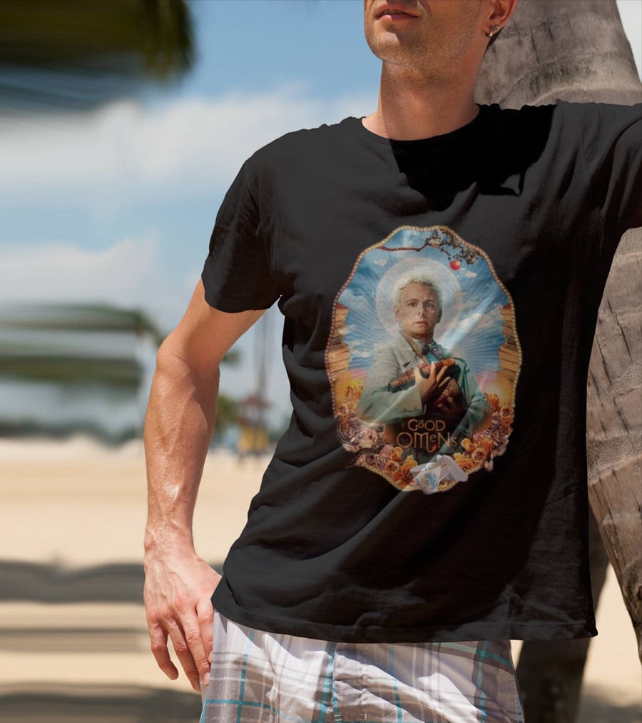 Good Omens Aziraphale Holding Books And Broken Tea Cup With Halo And Clouds T-Shirt