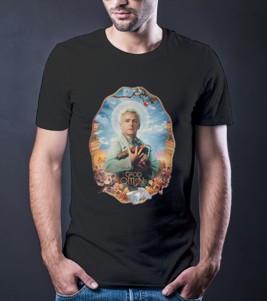 Good Omens Aziraphale Holding Books And Broken Tea Cup With Halo And Clouds T-Shirt