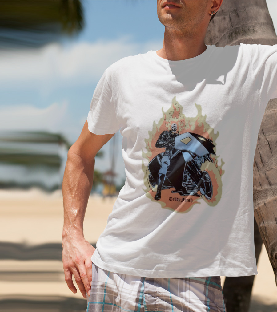 Teddy Fresh Tf X Marvel Ghost Rider Uv Activated Flames Motorcycle T-Shirt