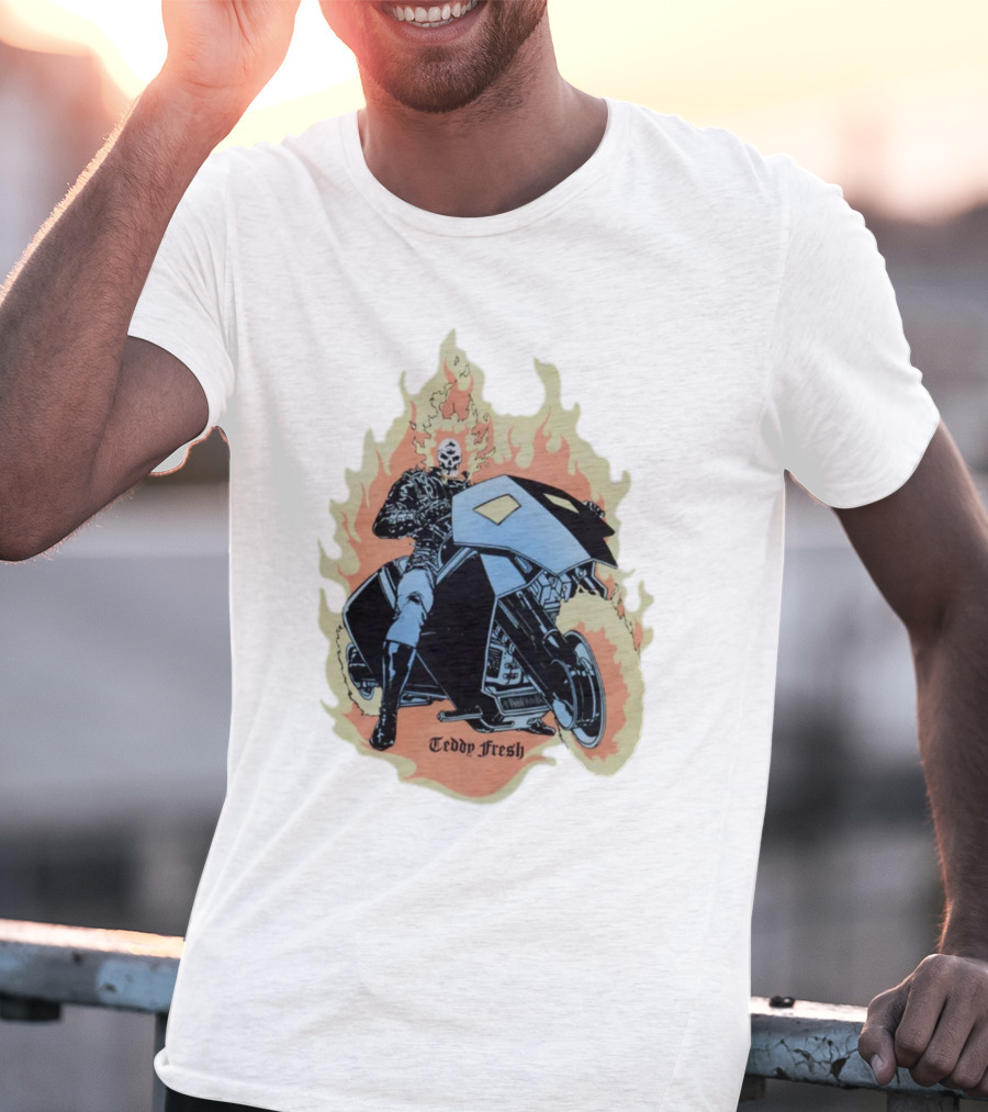 Teddy Fresh Tf X Marvel Ghost Rider Uv Activated Flames Motorcycle T-Shirt
