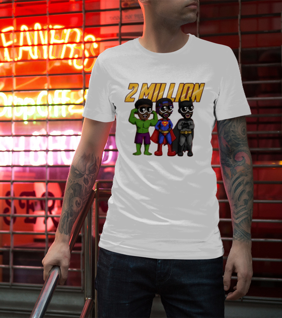 2 Million Superhero Celebration With Hulk Superman And Batman Characters T-Shirt