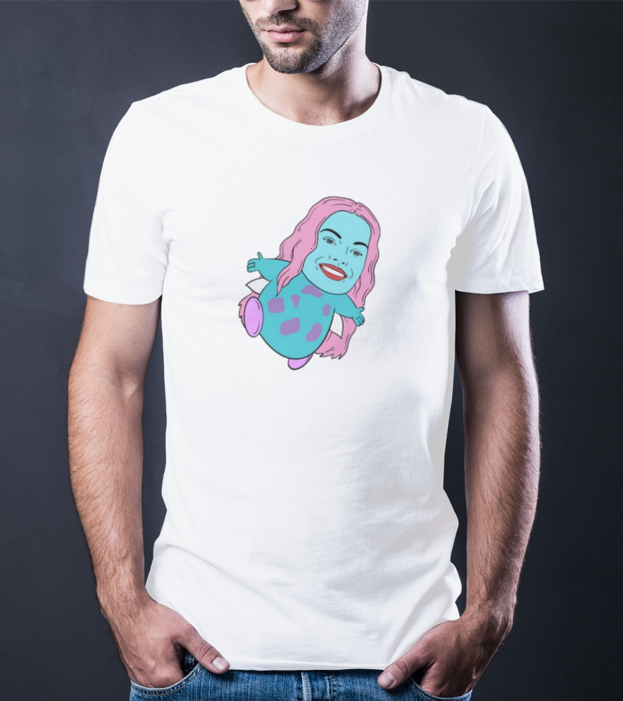 Margot X Bibble Fusion Cartoon Character With Pink Hair And Smiling Face On Blue Creature Body T-Shirt