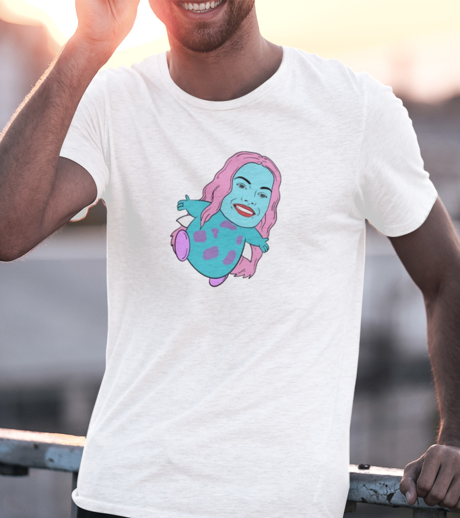 Margot X Bibble Fusion Cartoon Character With Pink Hair And Smiling Face On Blue Creature Body T-Shirt