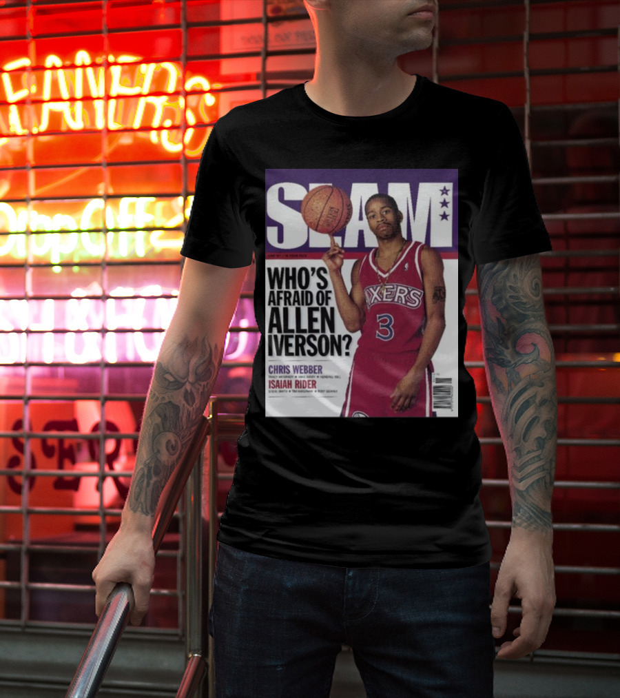 Slam Magazine Cover: Allen Iverson In Sixers Jersey With Who's Afraid Of Allen Iverson Headline T-Shirt