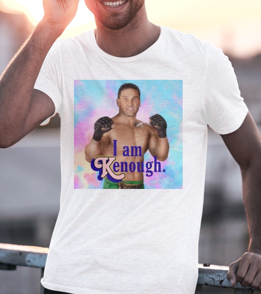 Brogan Ken Shamrock I Am Kenough Boxer Gloves Blue Pink Background T-Shirt