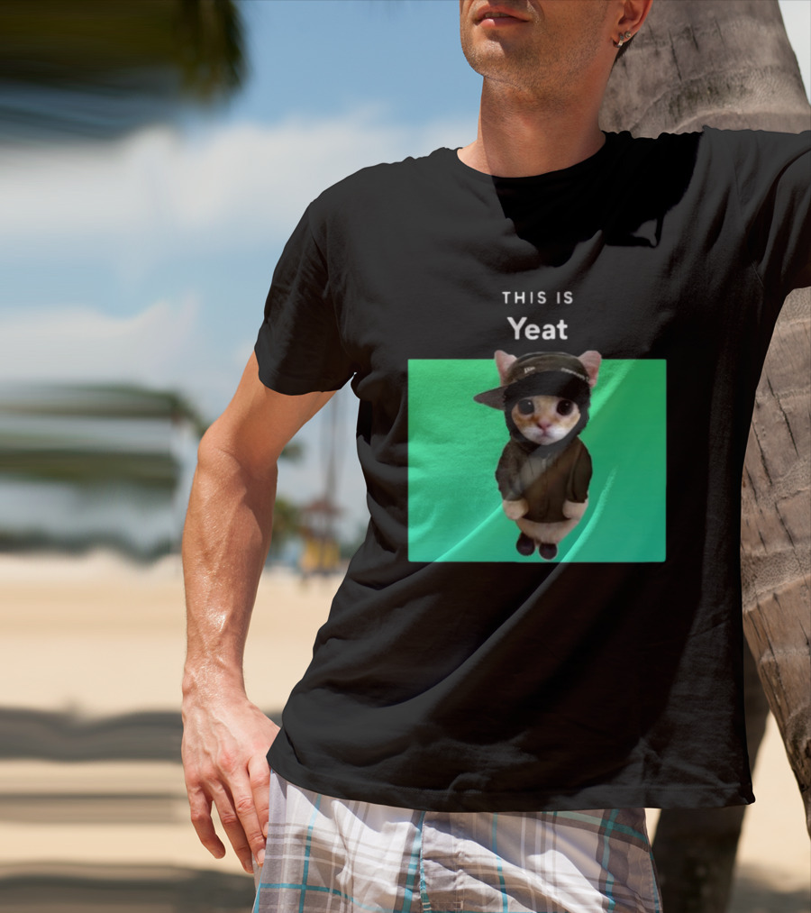 Yeat Cat Wearing Hoodie And Cap On Green Background T-Shirt