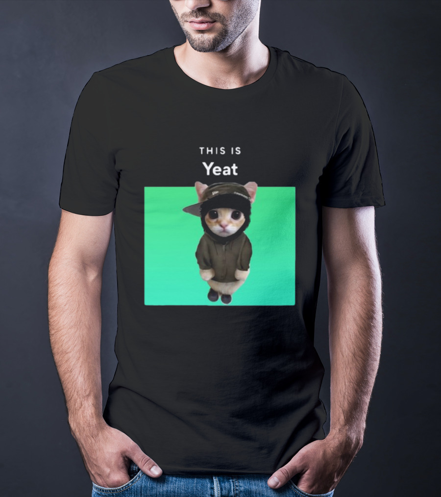 Yeat Cat Wearing Hoodie And Cap On Green Background T-Shirt