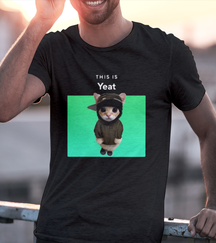 Yeat Cat Wearing Hoodie And Cap On Green Background T-Shirt