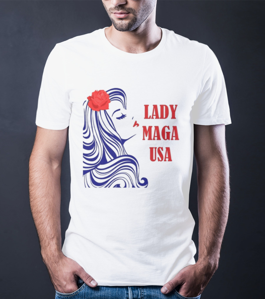 Lady Maga USA Bold Red And Blue Portrait With Rose T-Shirt