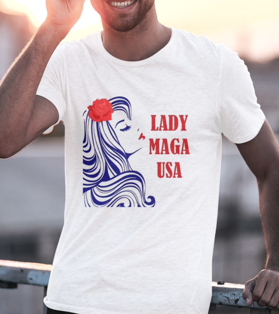 Lady Maga USA Bold Red And Blue Portrait With Rose T-Shirt