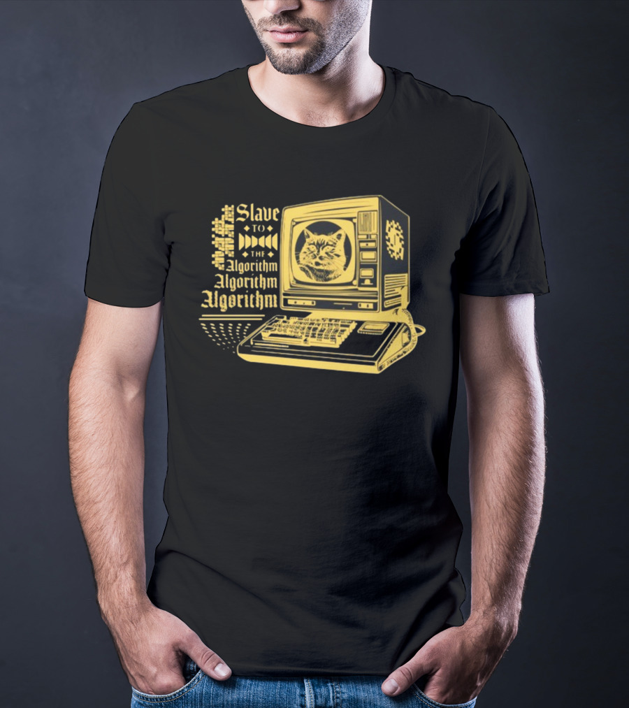 Freddytylerpaul Slave To The Algorithm Retro Computer Cat T-Shirt