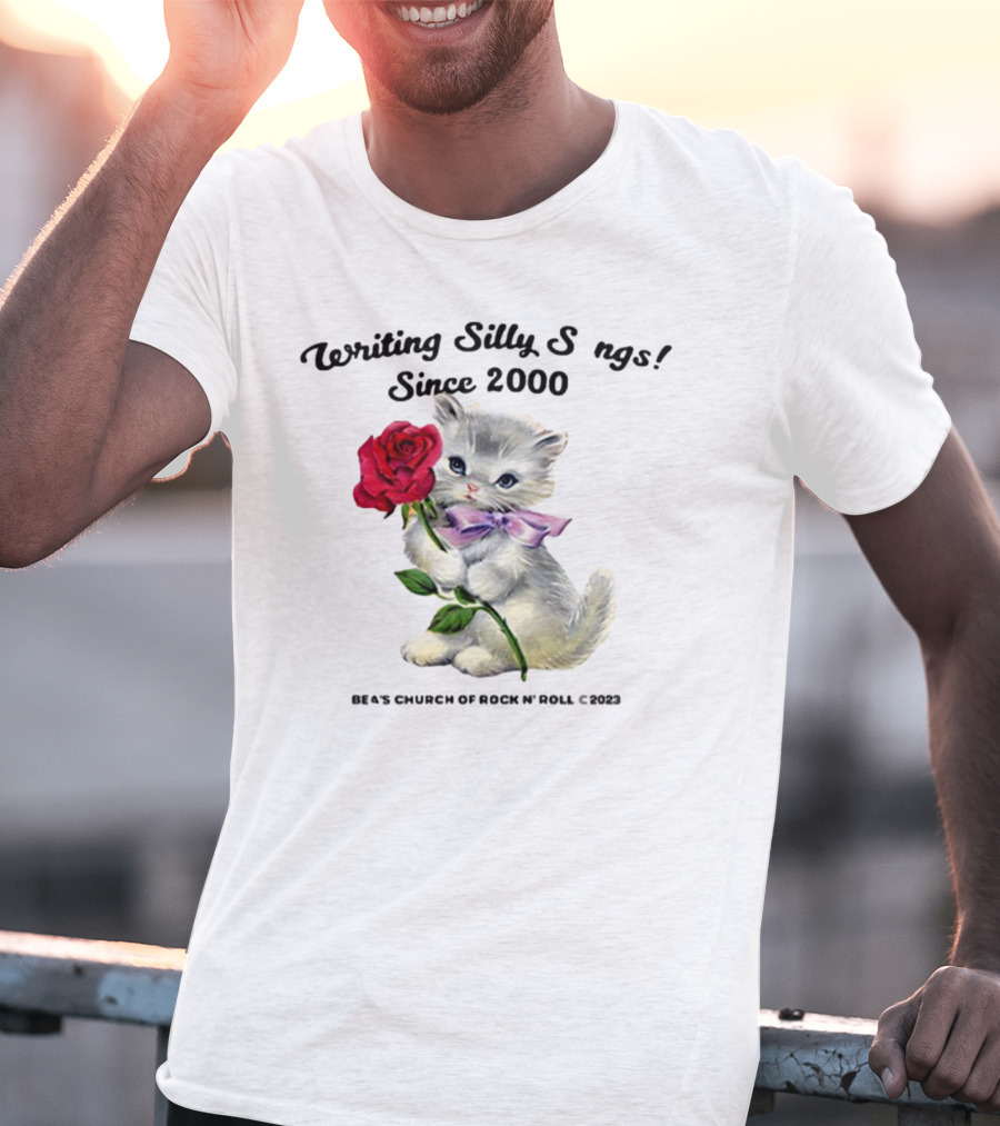 Writing Silly Songs Since 2000 Cute Kitten With Red Rose And Pink Bow T-Shirt