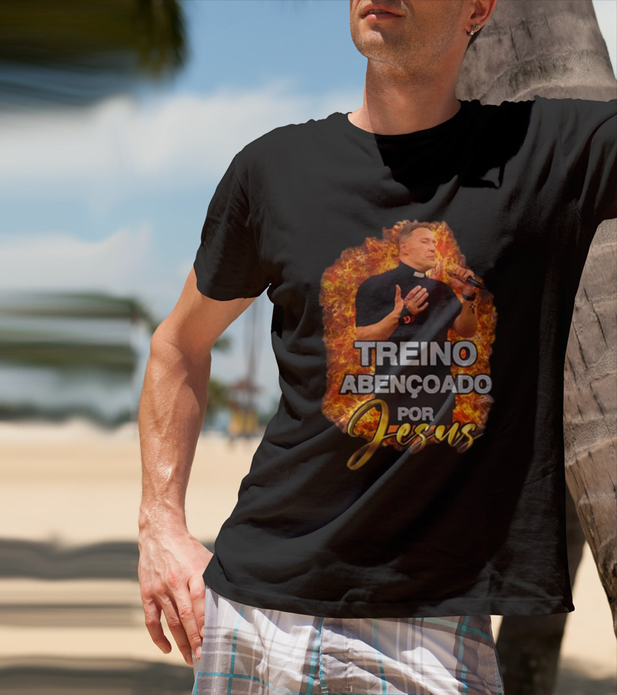 Treino Abençoado Por Jesus With Fiery Background And Clergyman T-Shirt