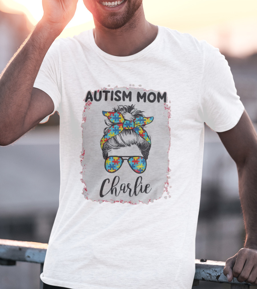 Autism Mom Charlie Puzzle Pattern Messy Bun Hair T-Shirt