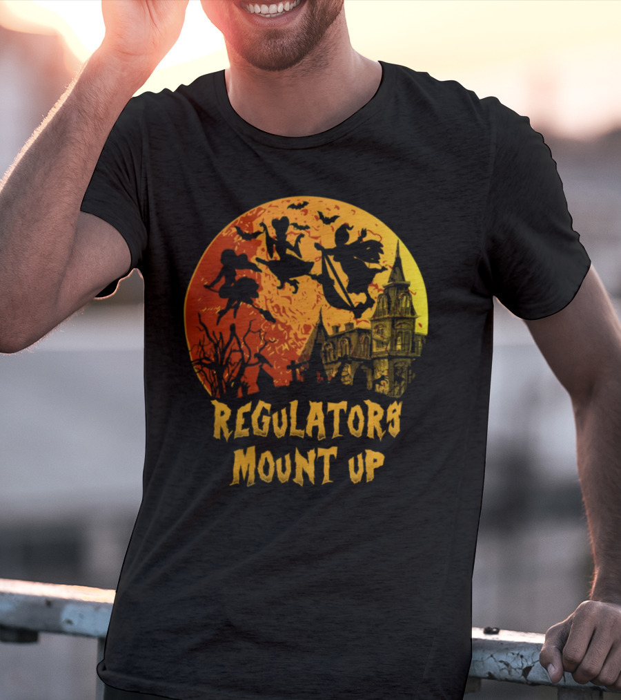Regulators Mount Up Halloween Witches Flying Past Haunted House T-Shirt