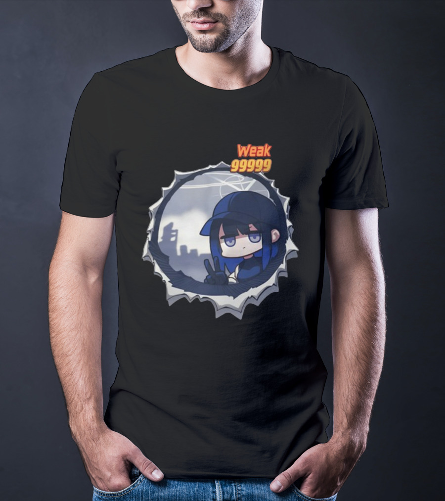 Weak 99999 Manga Character Peering Through Circular Portal T-Shirt