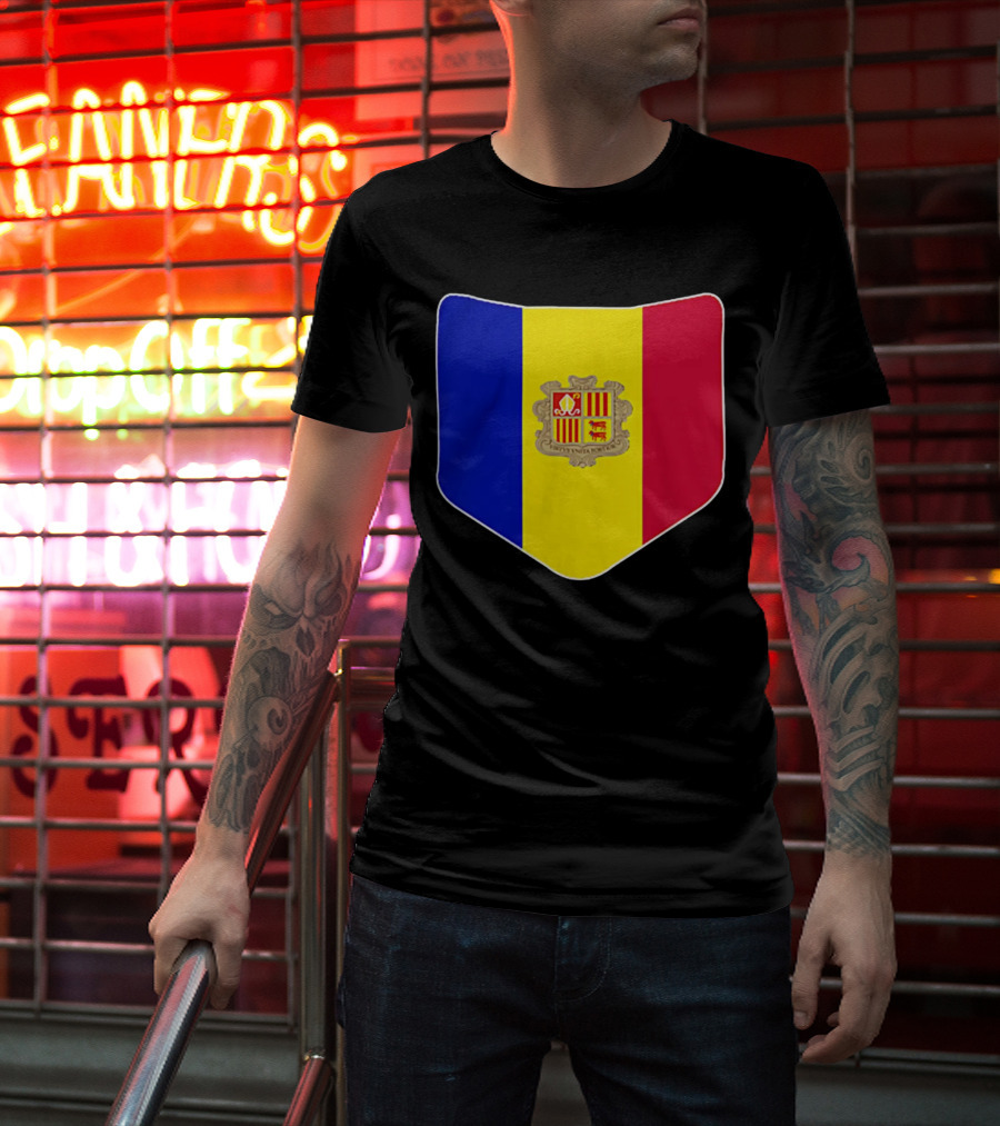Andorra Flag Pocket Print Andorran Colors Crest Emblem T-Shirt