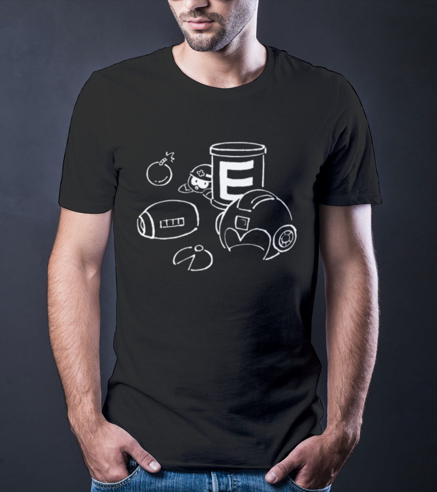 Mega Man E-Tank Helmet And Bomb Line Art Elements T-Shirt