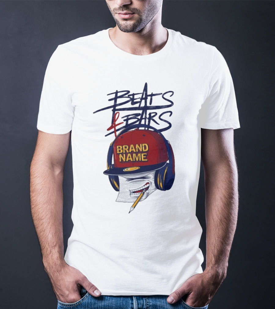 Beats And Bars Brand Name Hat Headphones Pencil Sketch T-Shirt