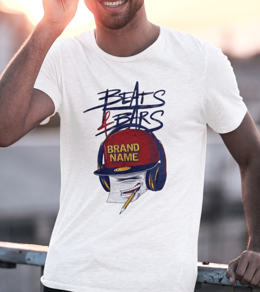 Beats And Bars Brand Name Hat Headphones Pencil Sketch T-Shirt