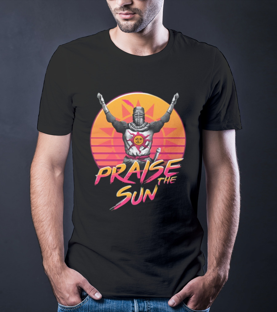 Praise The Sun Solaire Of Astora Dark Souls Knight Retro Sunset T-Shirt