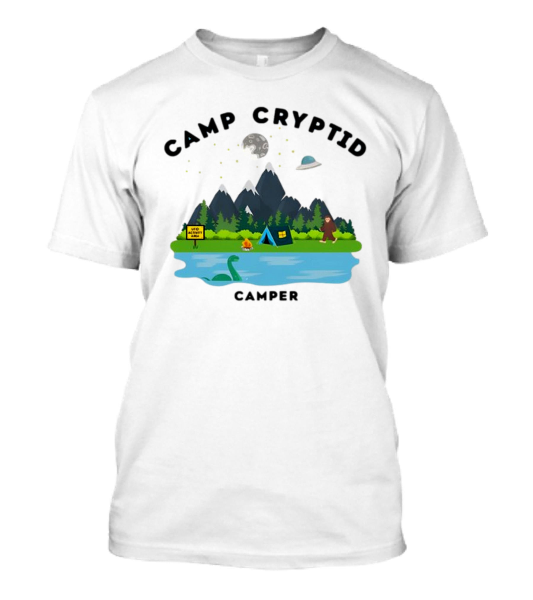 Camp Cryptid Camper UFO Area Loch Ness Bigfoot Camping Scene T-Shirt