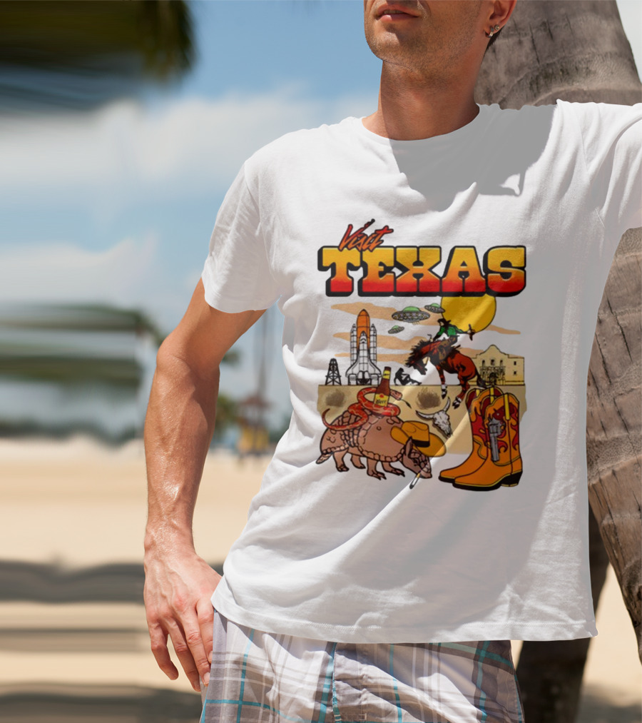 Visit Texas Armadillo Cowboy Boots Space Shuttle UFOs Rodeo Horse Alamo T-Shirt