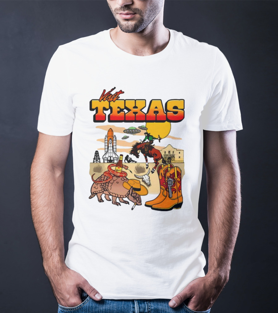Visit Texas Armadillo Cowboy Boots Space Shuttle UFOs Rodeo Horse Alamo T-Shirt