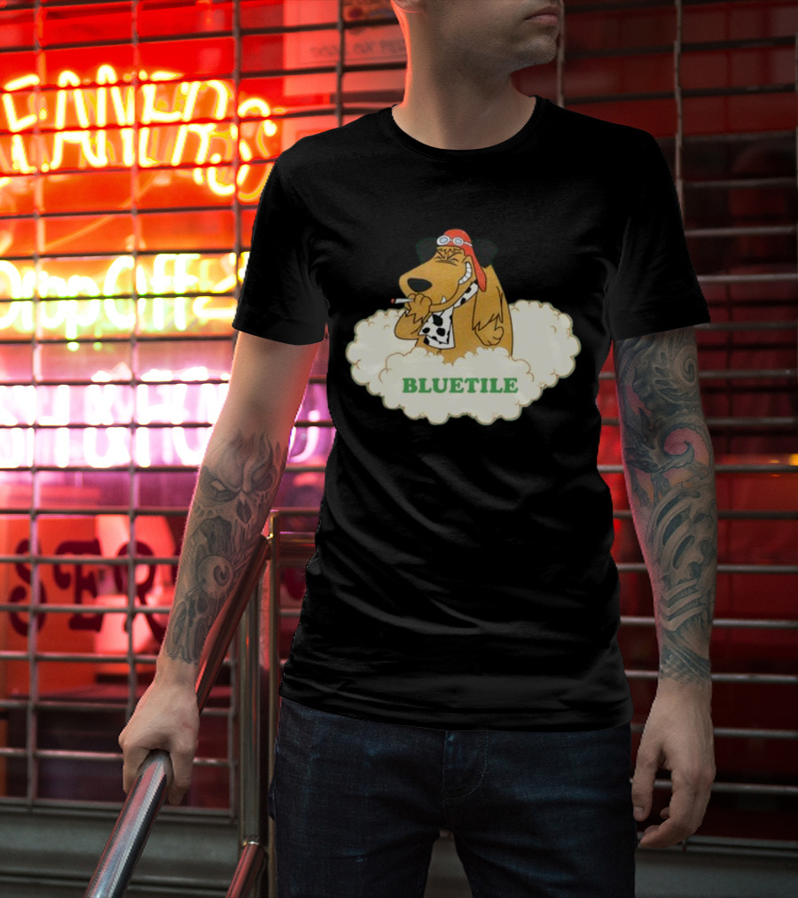 Bluetile Smiling Dog With Aviator Goggles And Bone Scarf In Clouds T-Shirt