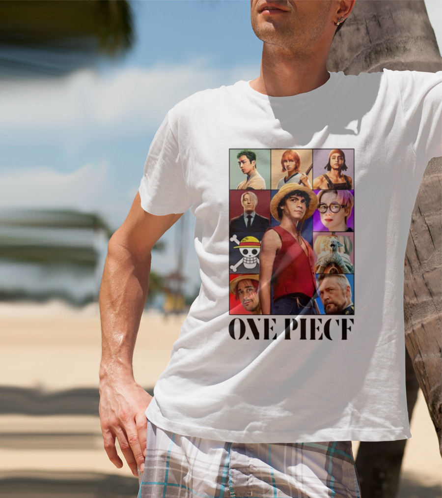 One Piece Characters Collage With Skull And Straw Hat T-Shirt