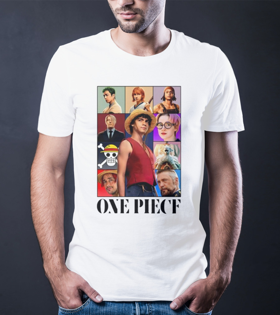 One Piece Characters Collage With Skull And Straw Hat T-Shirt