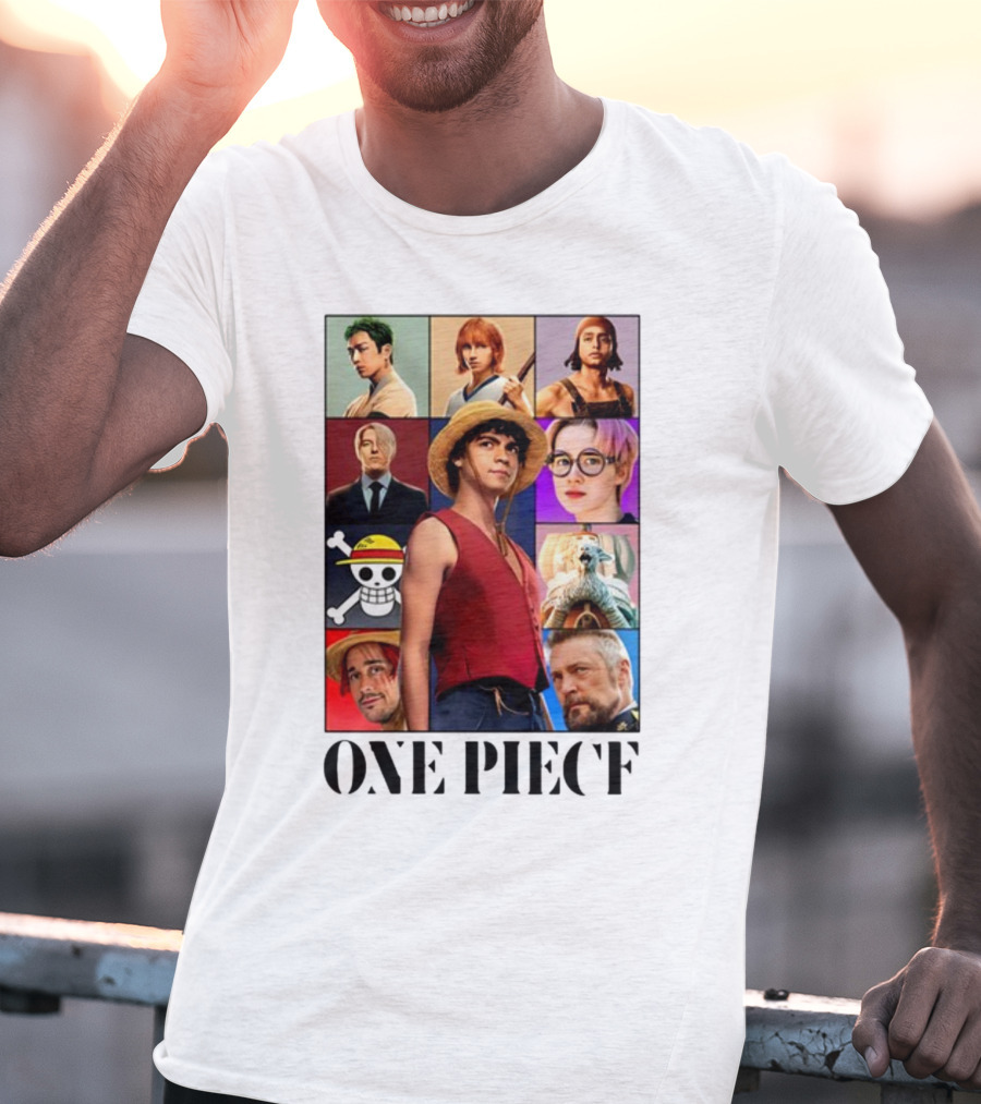 One Piece Characters Collage With Skull And Straw Hat T-Shirt