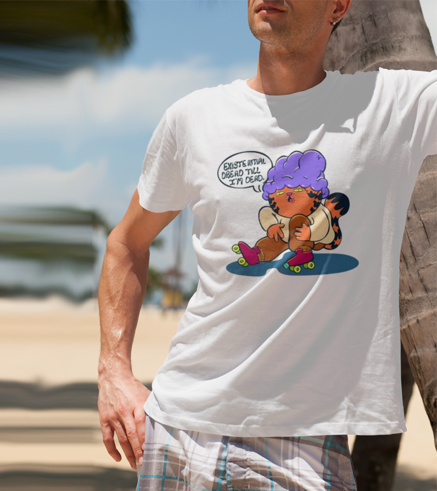 Existential Dread Till I'm Dead Funny Roller Skating Tiger With Purple Hair T-Shirt