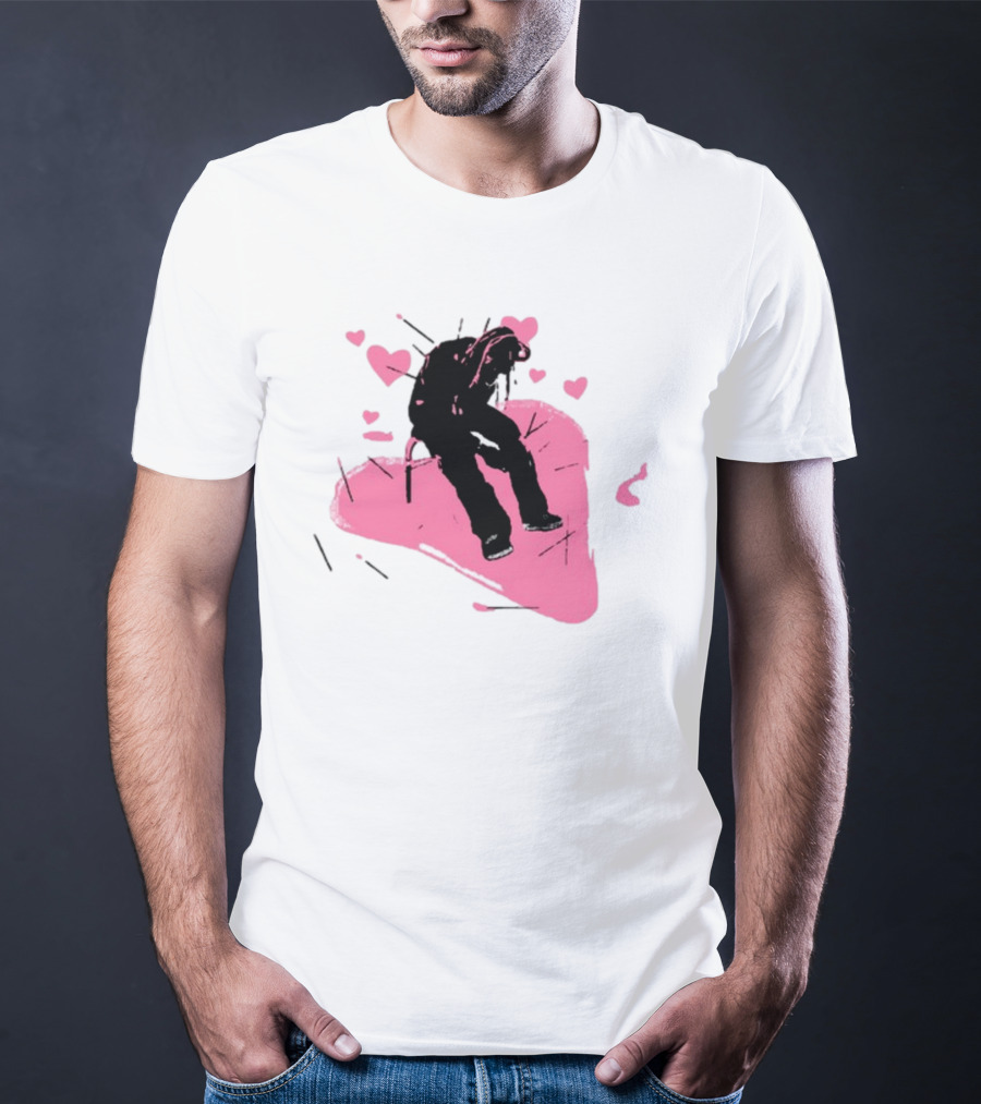 Drokenji Hearts White Pink Heart Black T-Shirt