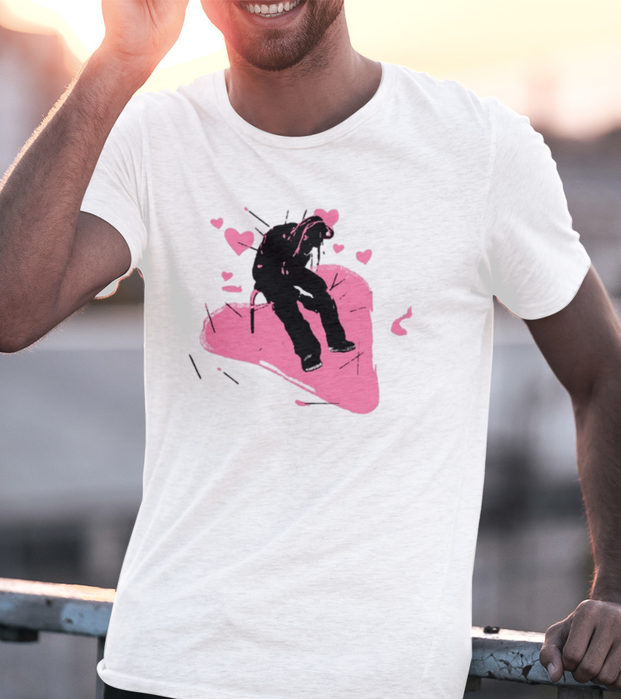 Drokenji Hearts White Pink Heart Black T-Shirt