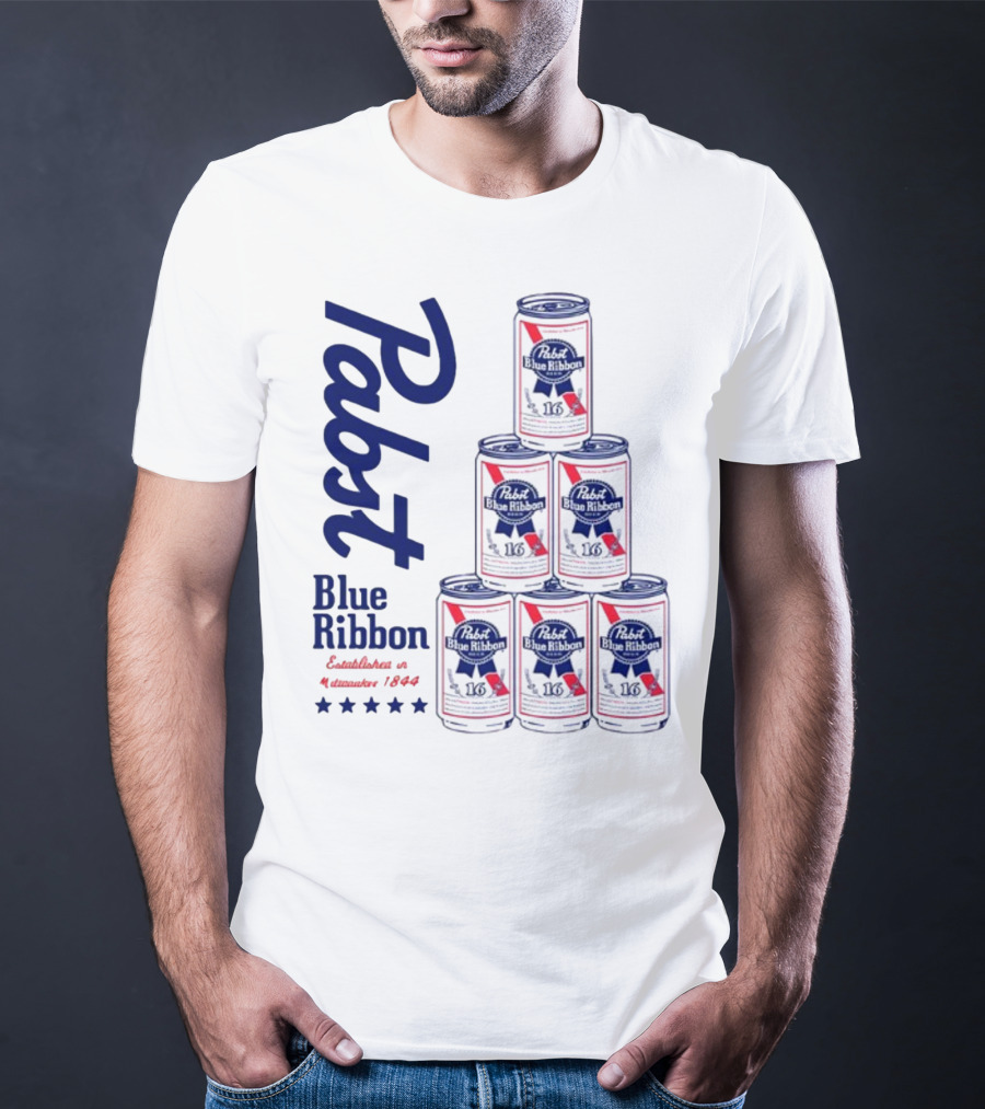 Pabst Blue Ribbon Beer Can Pyramid Established 1844 T-Shirt