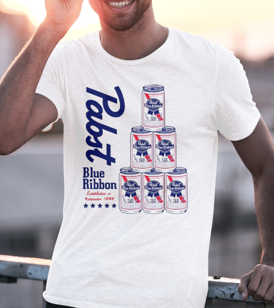 Pabst Blue Ribbon Beer Can Pyramid Established 1844 T-Shirt