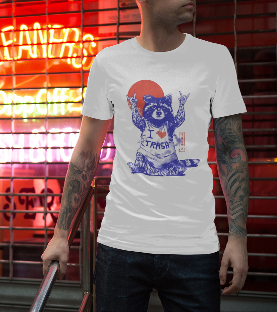 Wickedclothes I Love Trash Raccoon Rock Gesture Red Moon T-Shirt