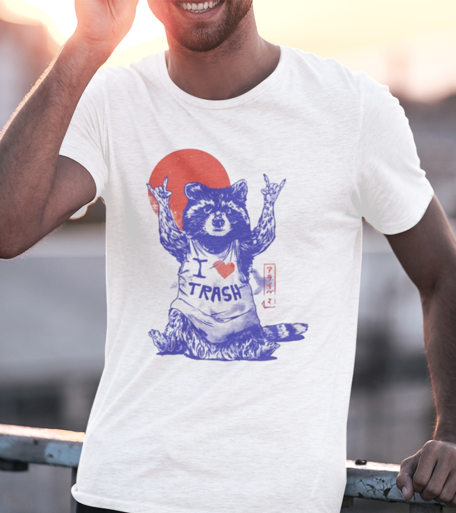 Wickedclothes I Love Trash Raccoon Rock Gesture Red Moon T-Shirt