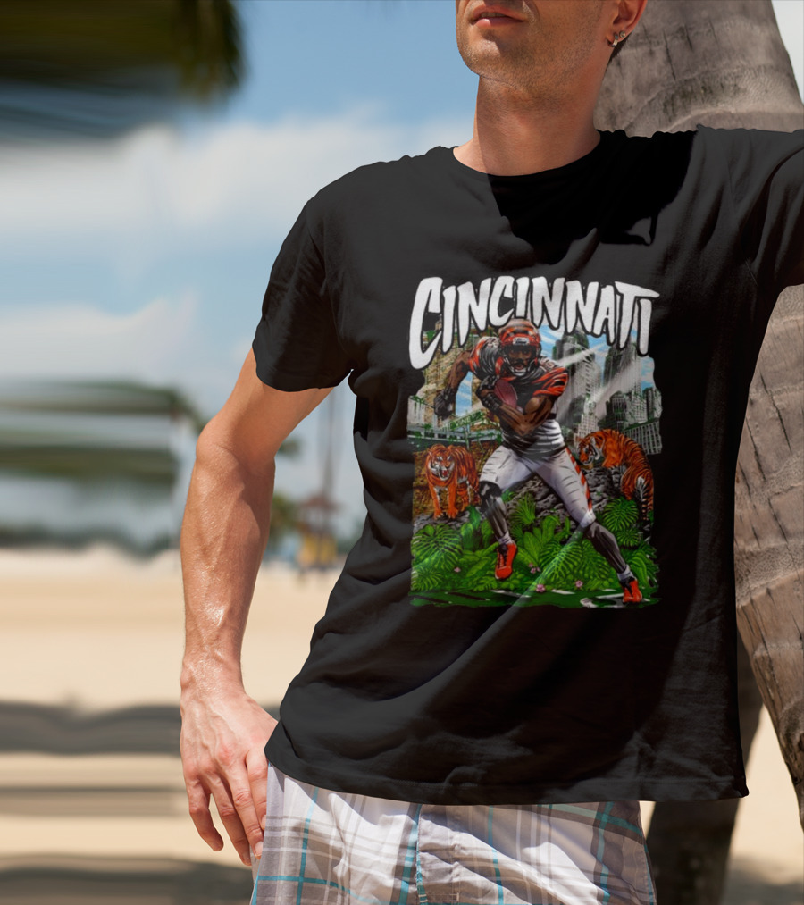 Cincinnati Jungle Football Player With Tigers And City Skyline T-Shirt