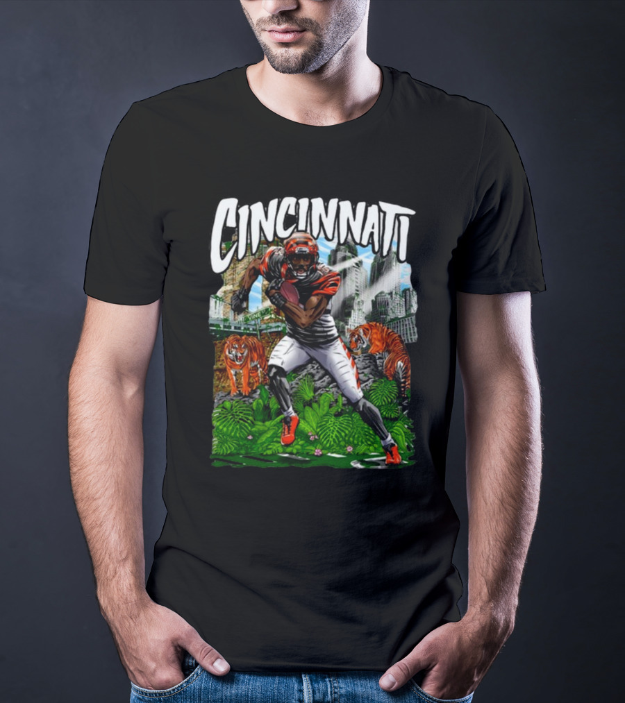 Cincinnati Jungle Football Player With Tigers And City Skyline T-Shirt