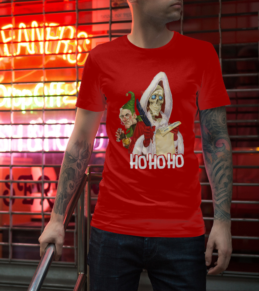 Ho Ho Ho Death With Albert Hogs Santa Skeleton And Elf T-Shirt