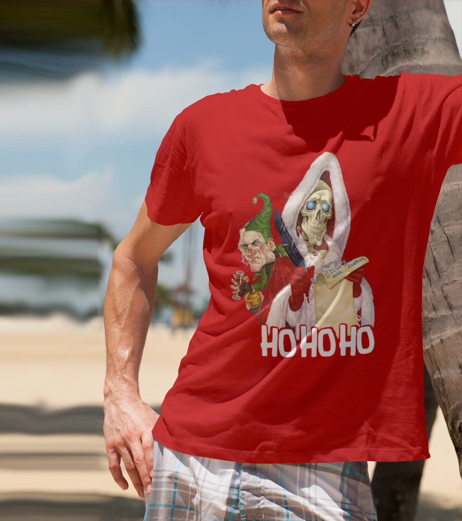 Ho Ho Ho Death With Albert Hogs Santa Skeleton And Elf T-Shirt