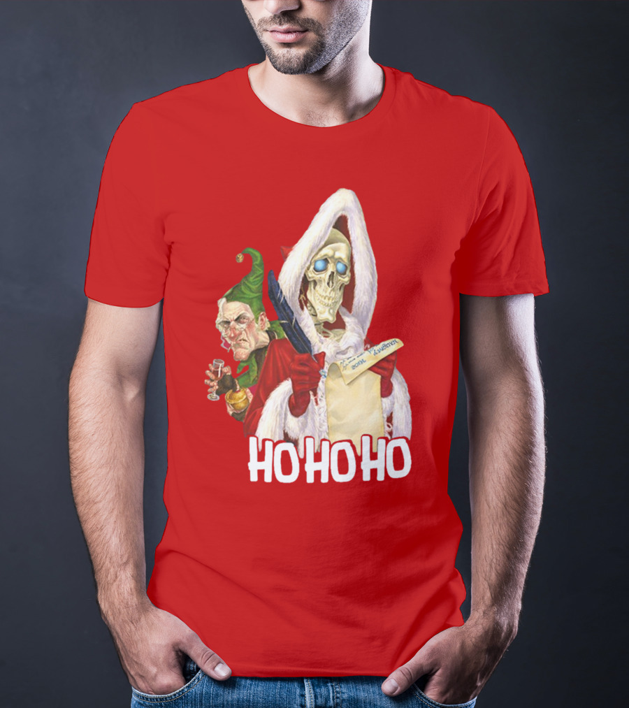 Ho Ho Ho Death With Albert Hogs Santa Skeleton And Elf T-Shirt