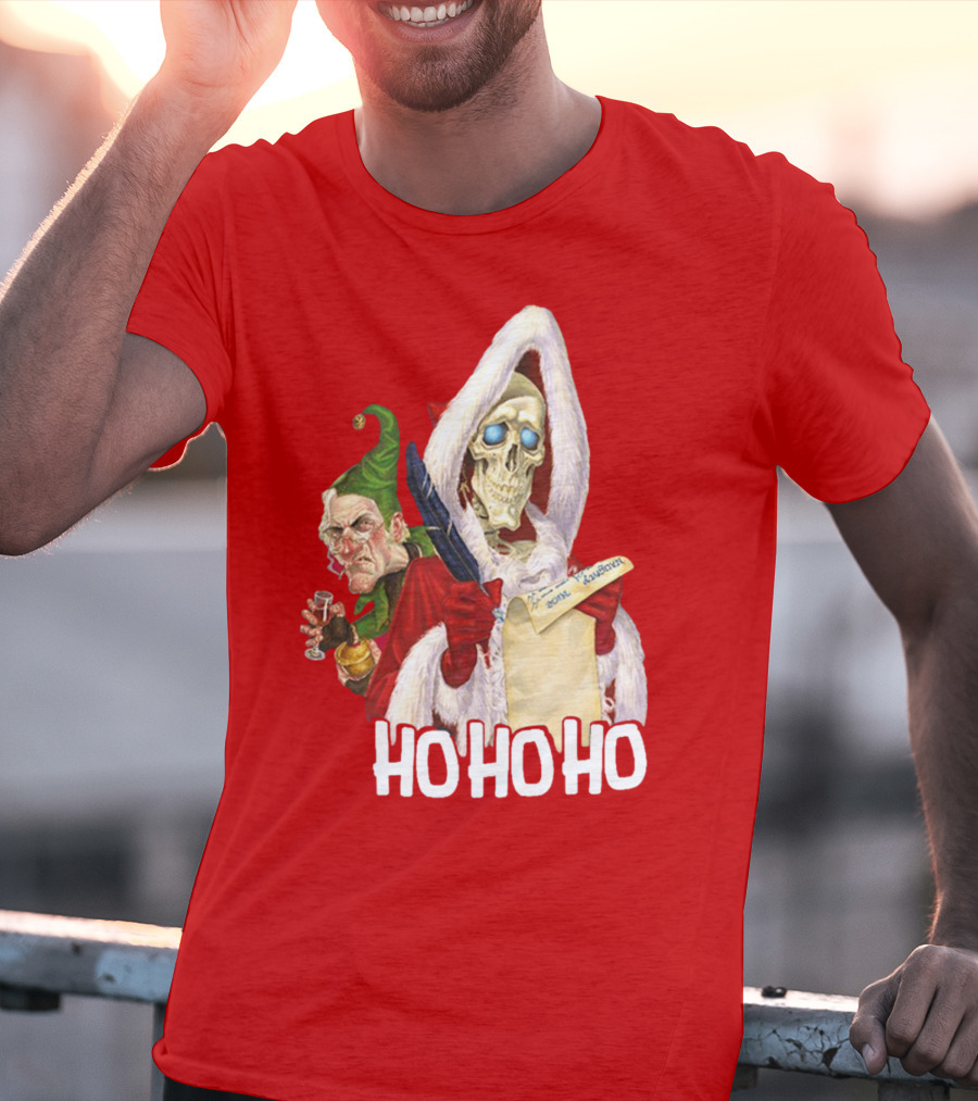 Ho Ho Ho Death With Albert Hogs Santa Skeleton And Elf T-Shirt