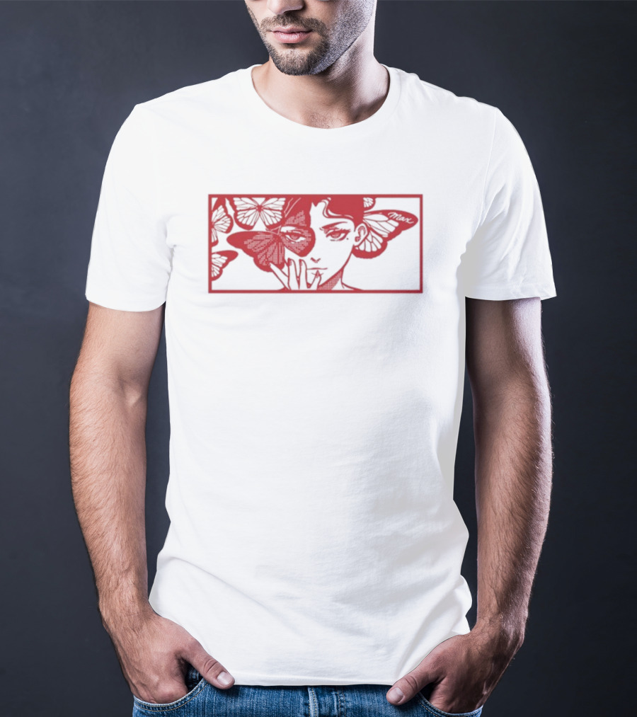 Maxmusic Enigmatic Red Butterflies And Woman In Rectangular Frame T-Shirt