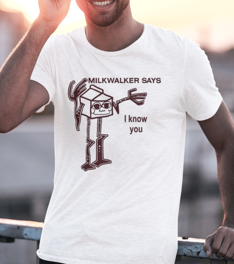 MILKWALKER SAYS I KNOW YOU Creepy Tall Cartoon Character Box Milk T-Shirt