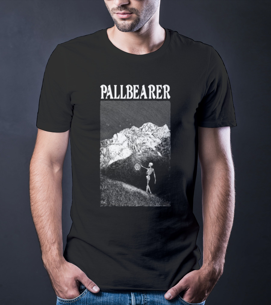 Christian Degn Hermit Pallbearer Skeleton Holding Octagon In Mountainous Landscape T-Shirt